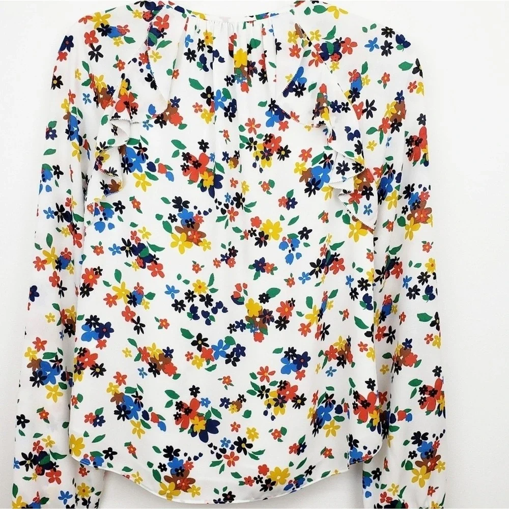 Kate Spade Ivory Sailing‎ Floral Ruffle Blouse Top White Floral Print
